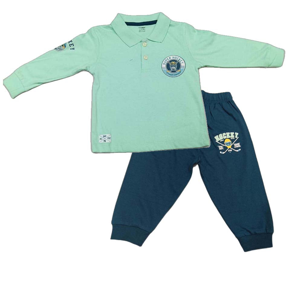 CUCUMBER Sinker Knit Full Sleeves Polo T-Shirt with Joggers - Light Green