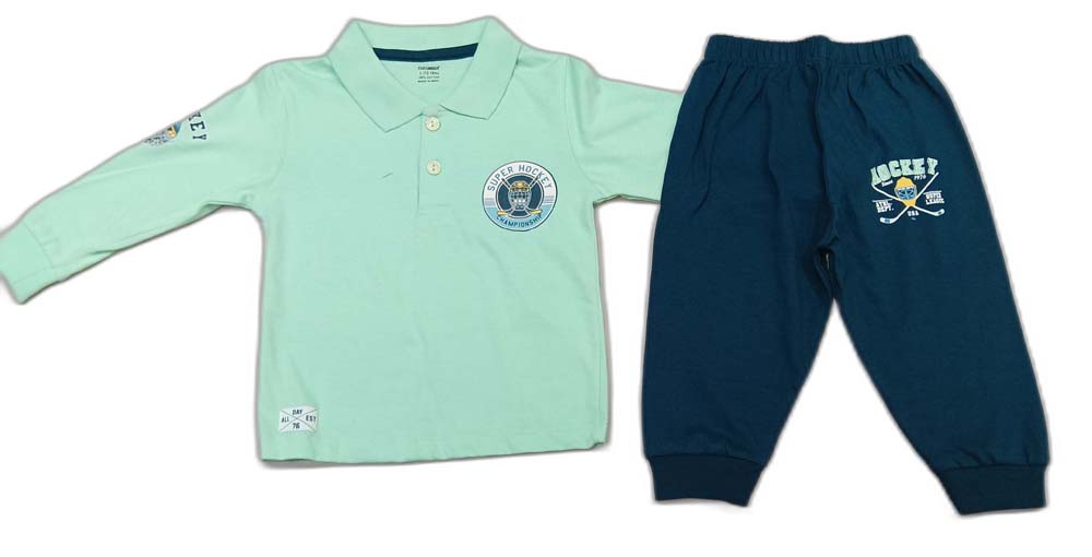 CUCUMBER Sinker Knit Full Sleeves Polo T-Shirt with Joggers - Light Green