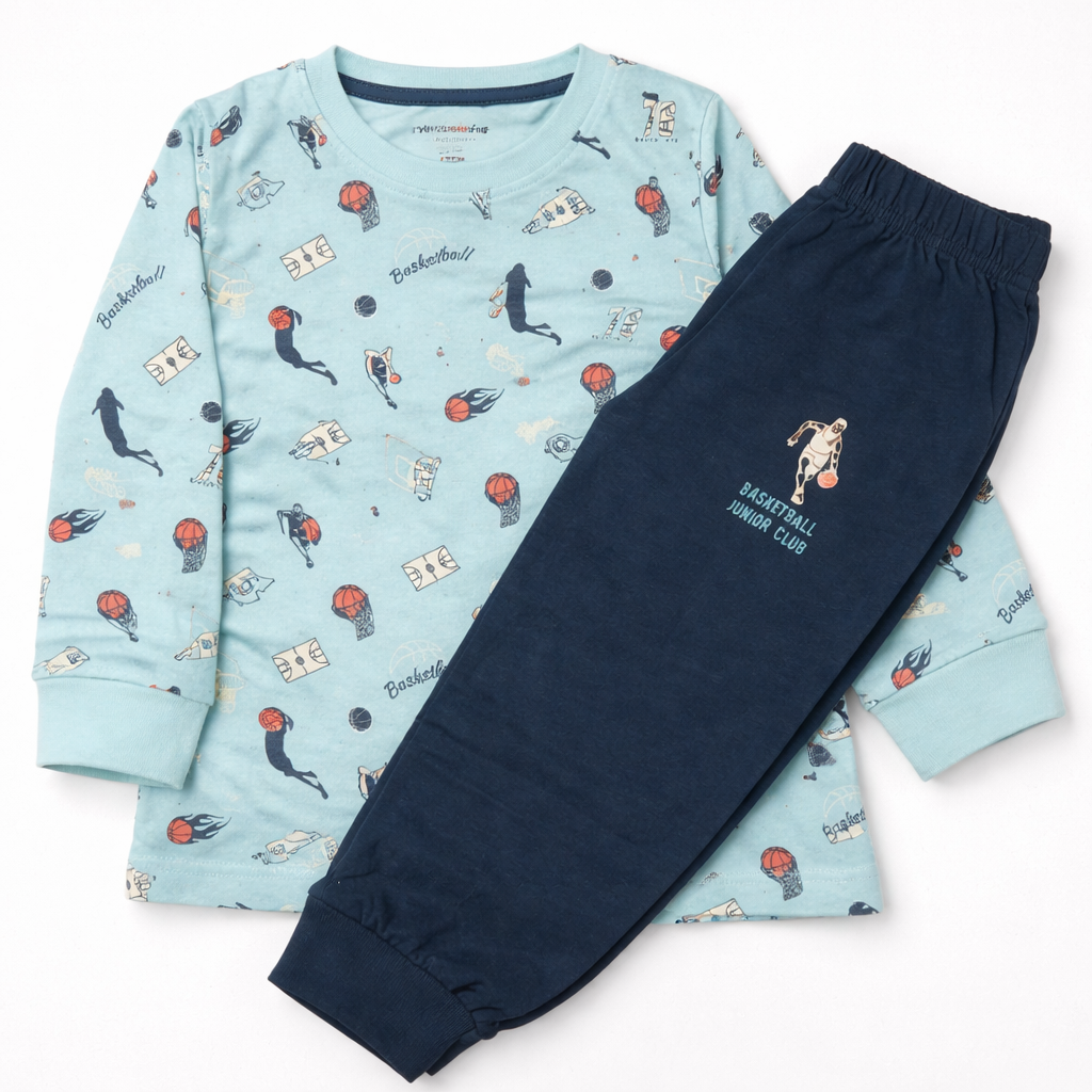 Cucumber Baby Boys Basketball Print Clothing Set – Sky Blue Top & Navy Pants  - Cutypi