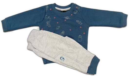 Boys Looper Knit Full Sleeves Space Print T-Shirt with Joggers - Dark Blue