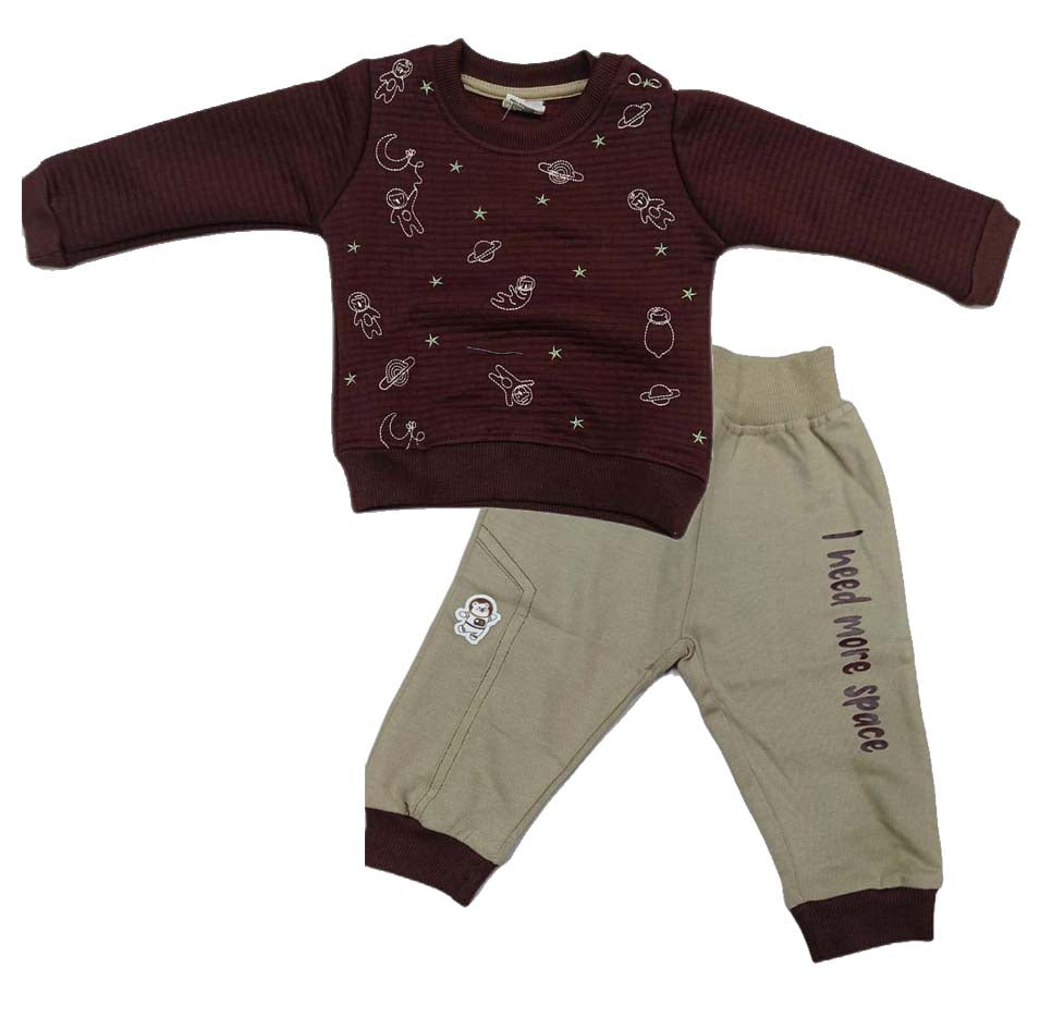 Boys Looper Knit Full Sleeves Space Print T-Shirt with Joggers - Maroon