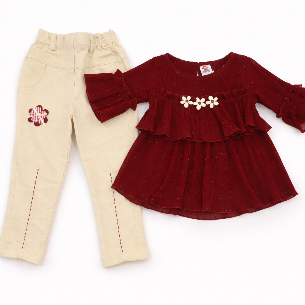 First Baby Baby Girls Maroon Ruffle Top with Cream Pants – Elegant & Stylish - Cutypi