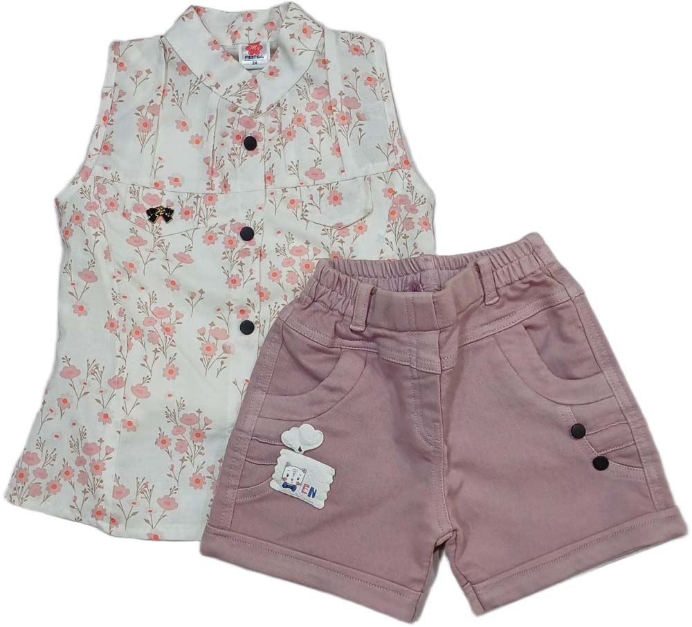 Girl Girls Sleeveless Top with Denim Short - Pink