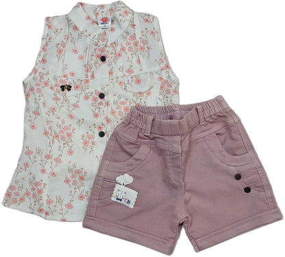 Girl Girls Sleeveless Top with Denim Short - Pink