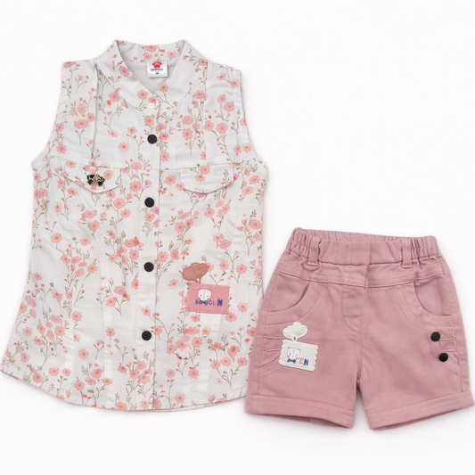 Girl Girls Sleeveless Top with Denim Short - Pink