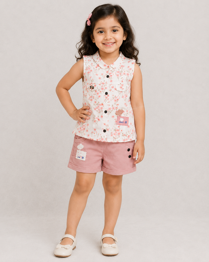 Girl Girls Sleeveless Top with Denim Short - Pink