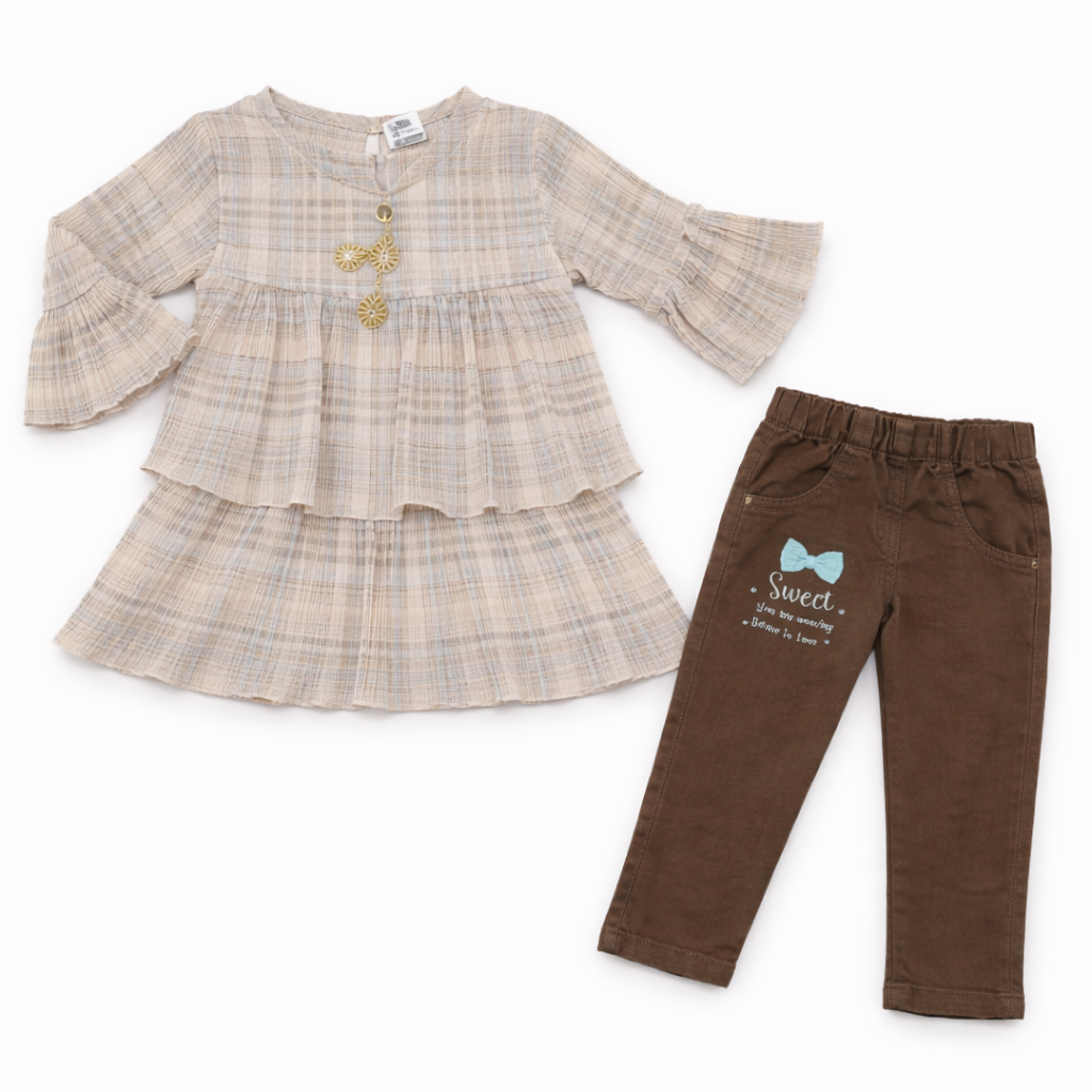 Baby Girls Checked Peplum Top with Brown Pants – Chic and Comfortable