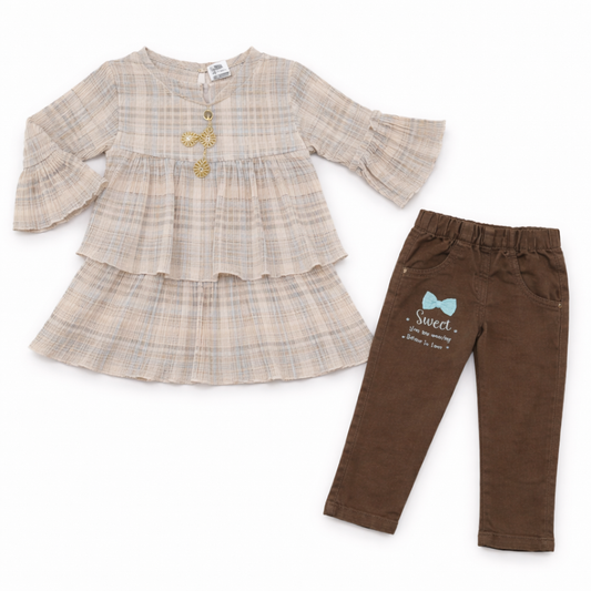 Baby Girls Checked Peplum Top with Brown Pants – Chic and Comfortable