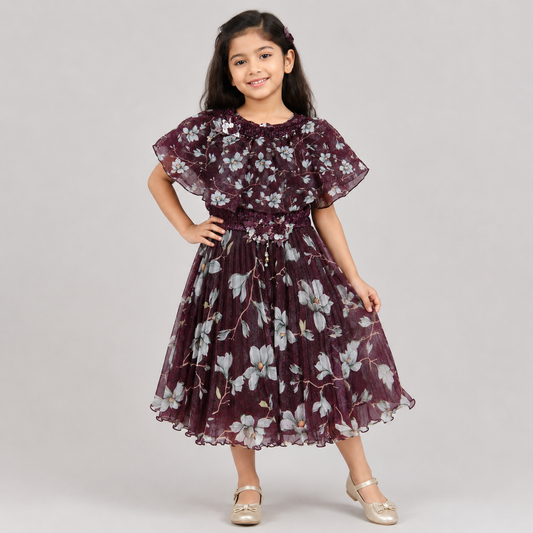 Girls Maroon Floral Party Wear Frock Dress – Elegant Occasion Wear | Cutypi