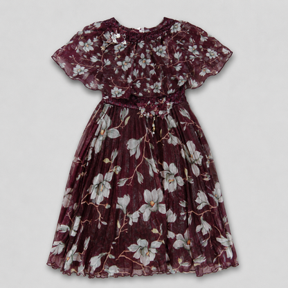 Girls Maroon Floral Party Wear Frock Dress – Elegant Occasion Wear