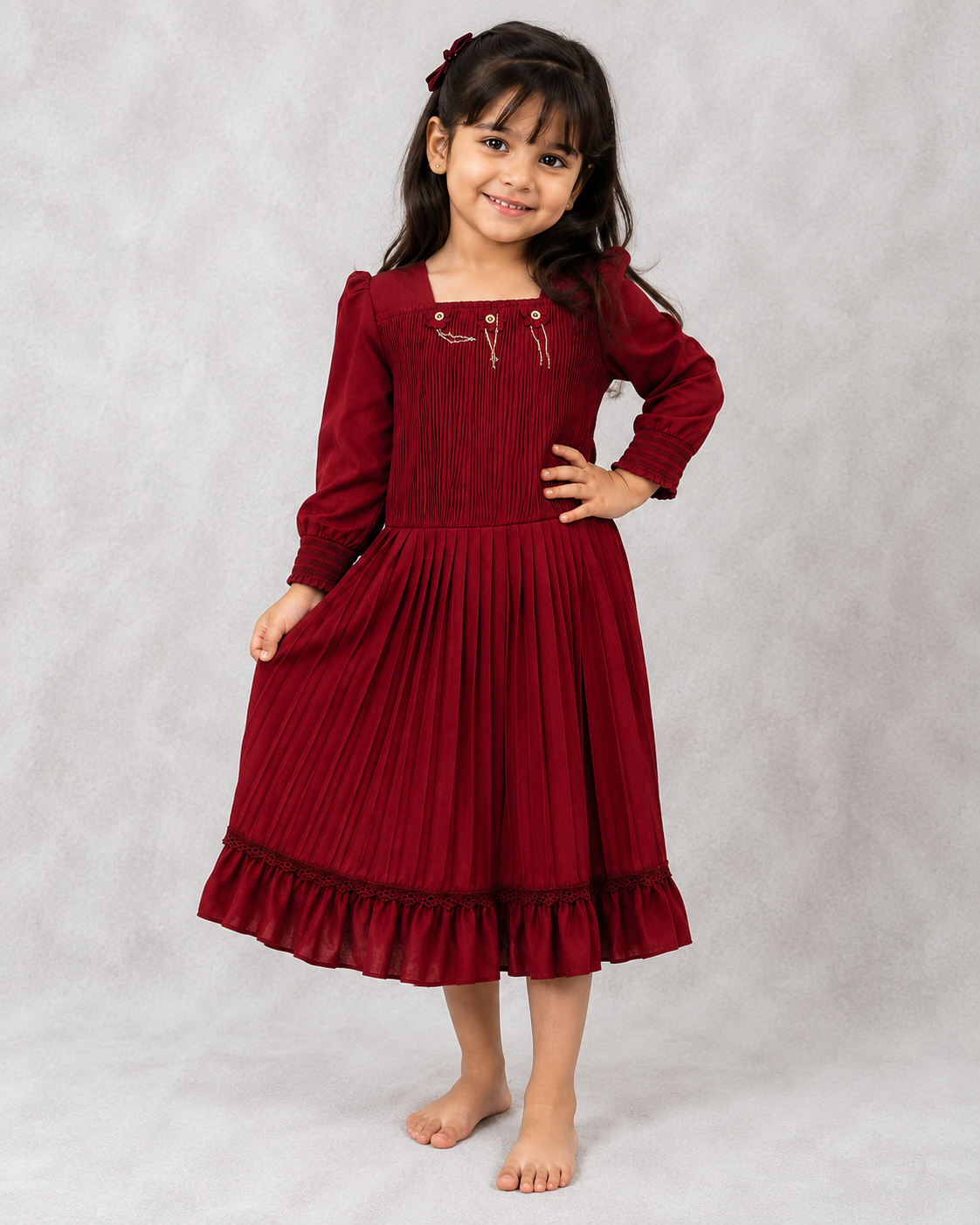Zippy Girls Maroon Pleated Party Wear Dress with Full Sleeves and Ruffle Hem | Cutypi