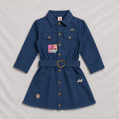 Girls Blue Denim Shirt Dress with Heart Belt – Stylish Everyday Fashion