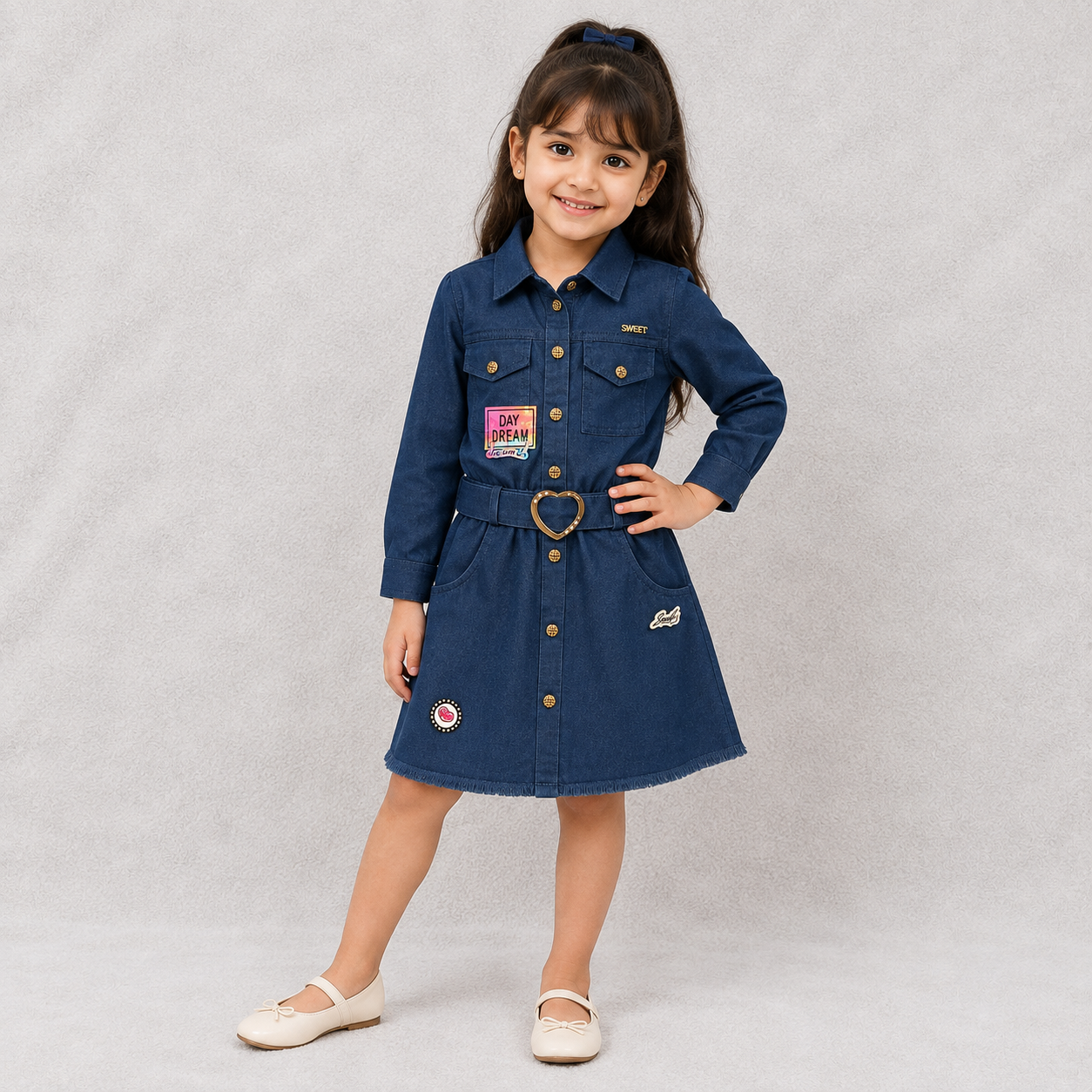 Zippy Girls Blue Denim Shirt Dress with Heart Buckle Belt Full Sleeve Cotton Denim Casual Dress