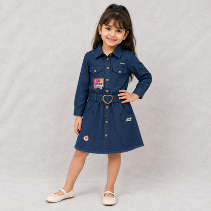 Zippy Girls Blue Denim Shirt Dress with Heart Buckle Belt Full Sleeve Cotton Denim Casual Dress