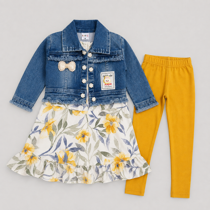 Girls Floral Dress with Denim Jacket & Leggings Set – Stylish Party Wear | BabyQ