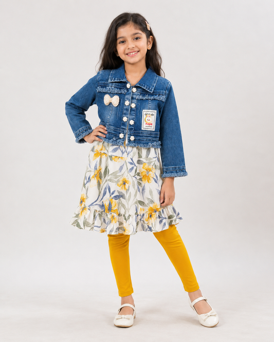 Girls Floral Dress with Denim Jacket & Leggings | BabyQ | Cutypi