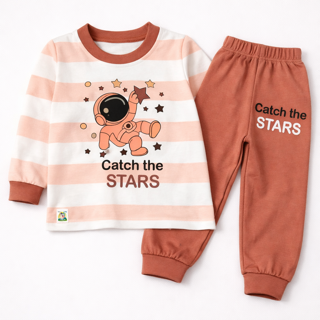 First Toy Peach Striped Astronaut Print Top & Brown Jogger Pants Kids Set  - Cutypi