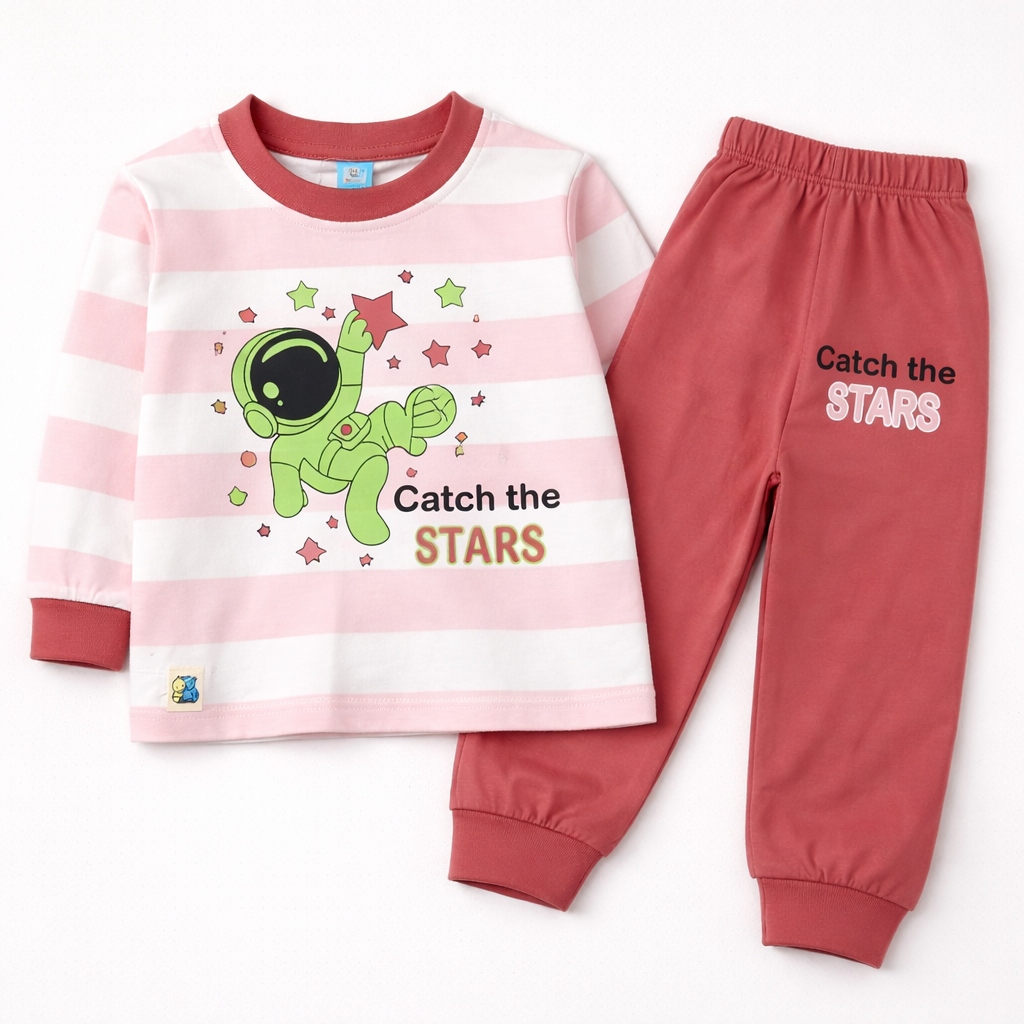 First Toy Pink Striped Astronaut Print Top & Pants set for Kids  - Cutypi