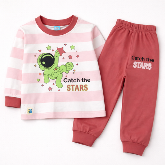 First Toy Pink Striped Astronaut Print Top & Pants set for Kids  - Cutypi
