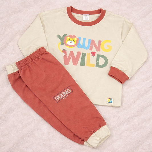 Boys Graphic Print Cotton Clothing Set – Full Sleeve Top & Joggers - Cream