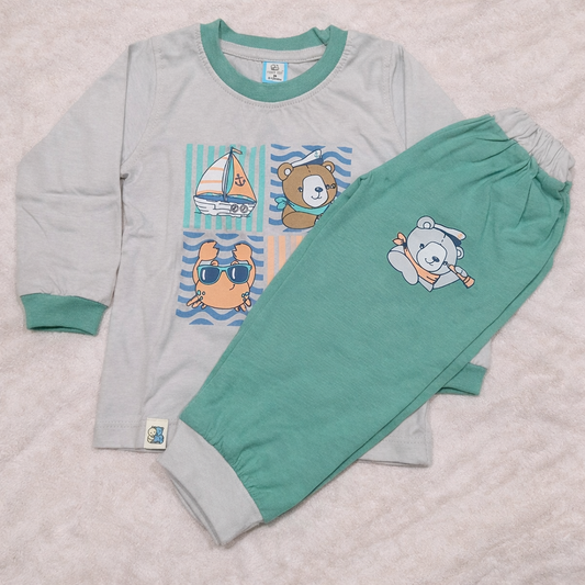 Boys Graphic Print Cotton Clothing Set – Full Sleeve Top & Joggers - Gray