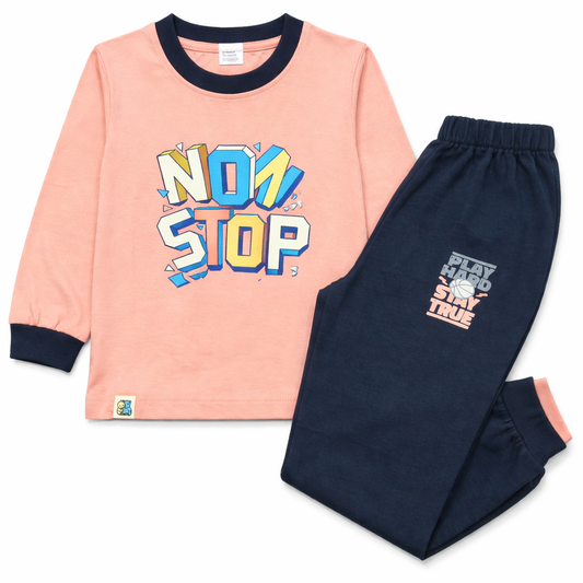 Boys Graphic Print Cotton Clothing Set – Full Sleeve Top & Joggers - Peach