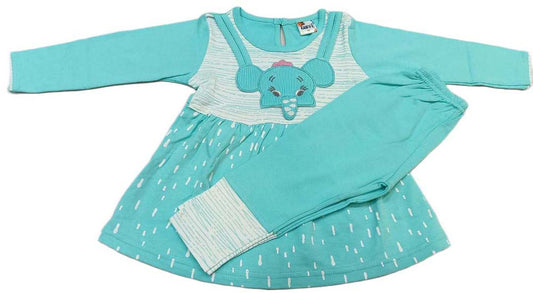 Girls Full Sleeves Applique Printed Frock With Leggings - Green