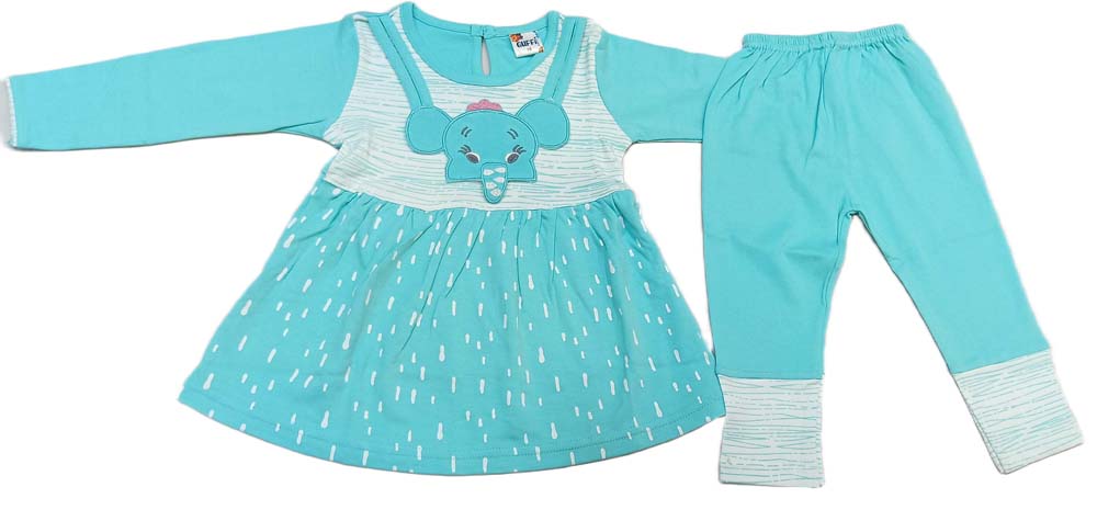 Girls Full Sleeves Applique Printed Frock With Leggings - Green