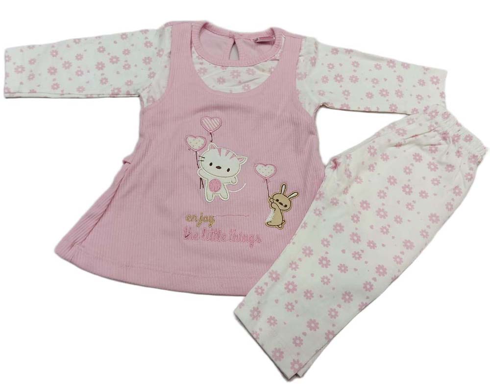 Girls Full Sleeves Applique Printed Frock With Leggings - Pink