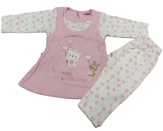 Girls Full Sleeves Applique Printed Frock With Leggings - Pink