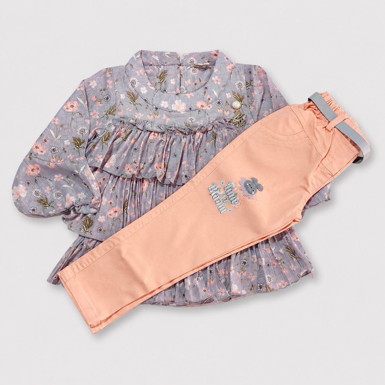 BabyQ Girls Blue Floral Frock with Peach Pants Set | Party Wear Outfit