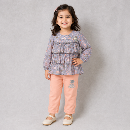 BabyQ girls blue floral frock with peach pants and belt set for kids