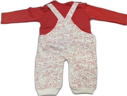 Kids Full Sleeves Printed Dungaree with Applique Kitty - Red