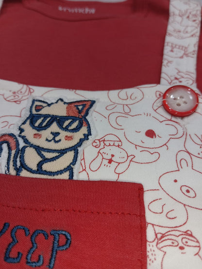 Kids Full Sleeves Printed Dungaree with Applique Kitty - Red