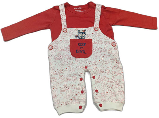 Kids Full Sleeves Printed Dungaree with Applique Kitty - Red