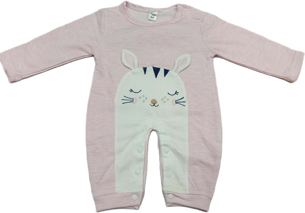 Kids Full Sleeves Applique Kitty Jumpsuit - Pink