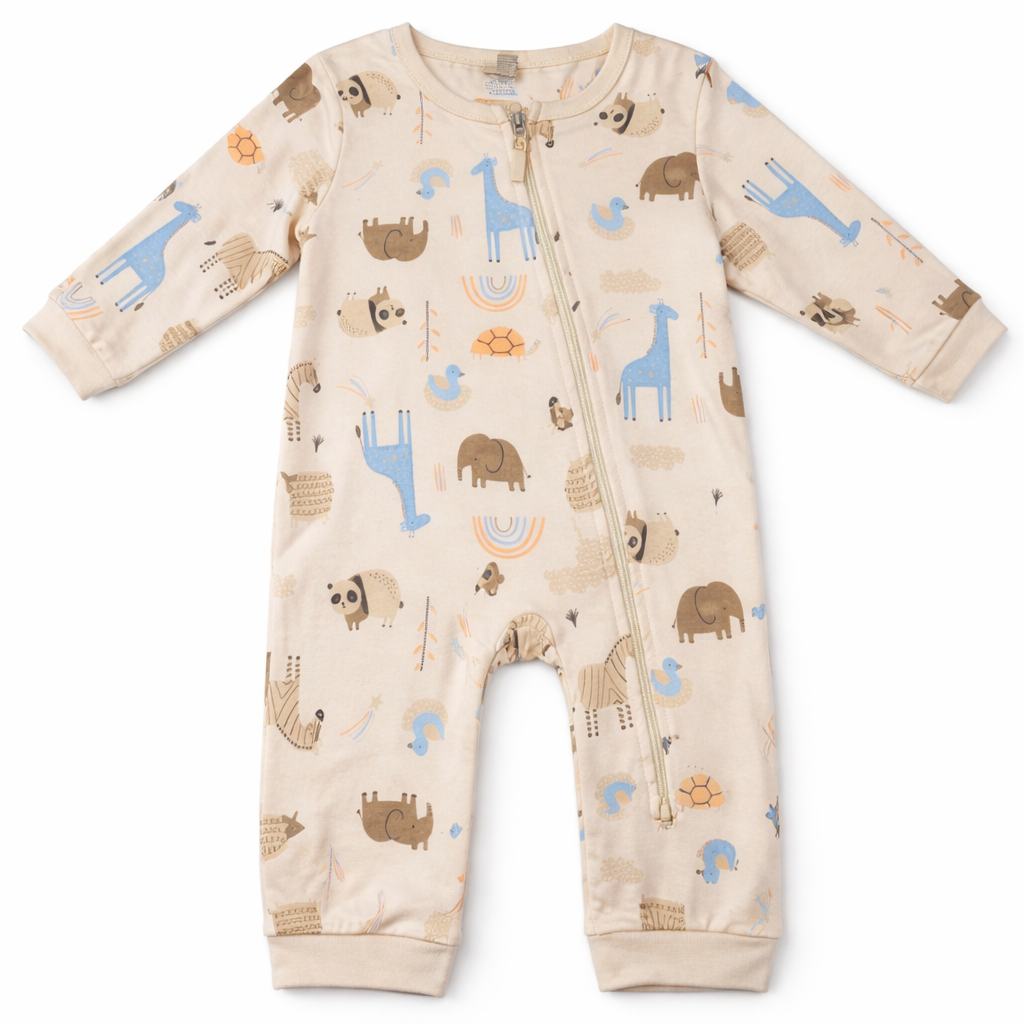 Beige Safari Animal Print Baby Zipper Romper – Full Sleeve Cotton Jumpsuit