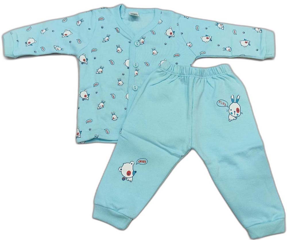 Newborn Interlock Full Sleeves Front open top with Pyzama - blue