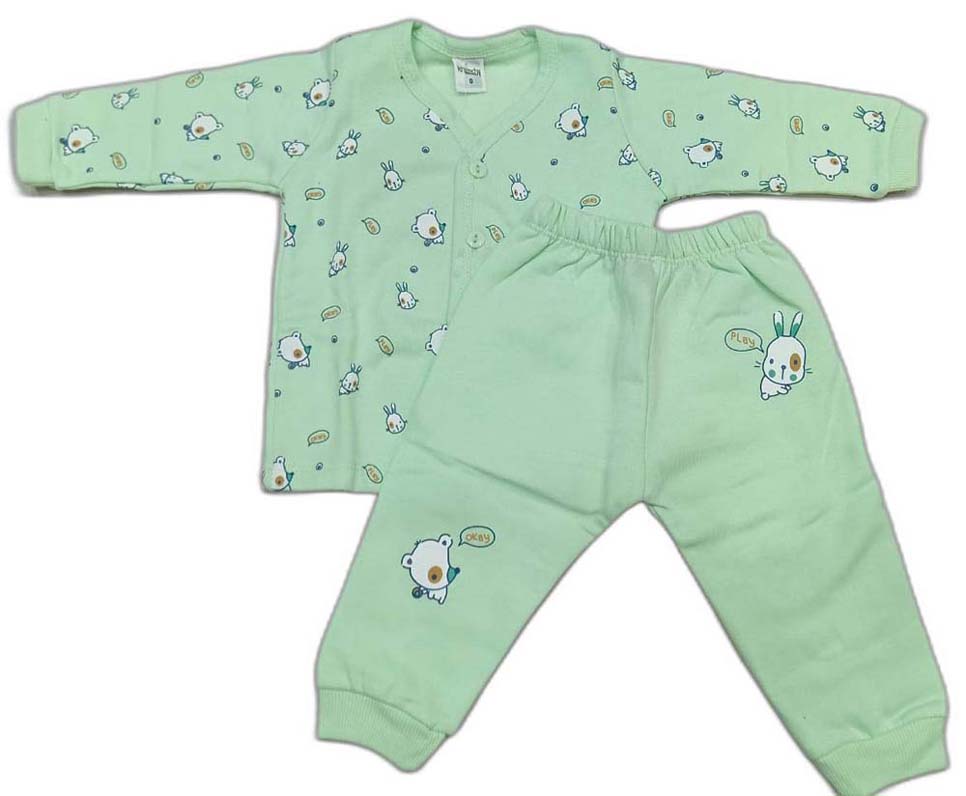 Newborn Interlock Full Sleeves Front open top with Pyzama - Green