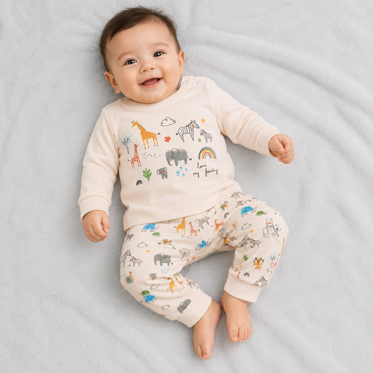 Baby boys cream animal print full sleeve t-shirt and printed jogger set, Zero kids wear