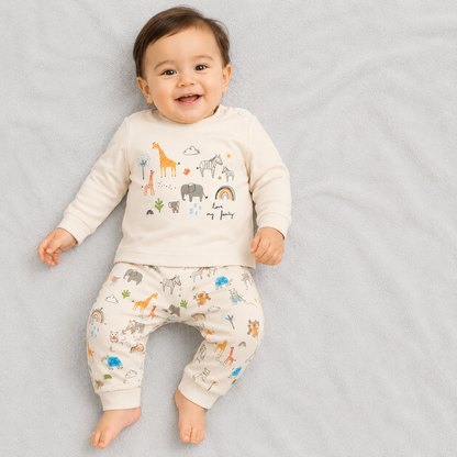 Baby Boys Animal Print Full Sleeve T-Shirt & Jogger Set – Cute Casual Wear Cream
