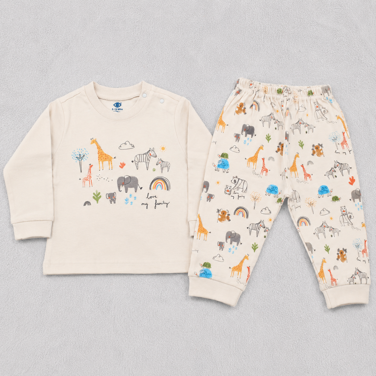 Baby Boys Animal Print Full Sleeve T-Shirt & Jogger Set – Cute Casual Wear Cream