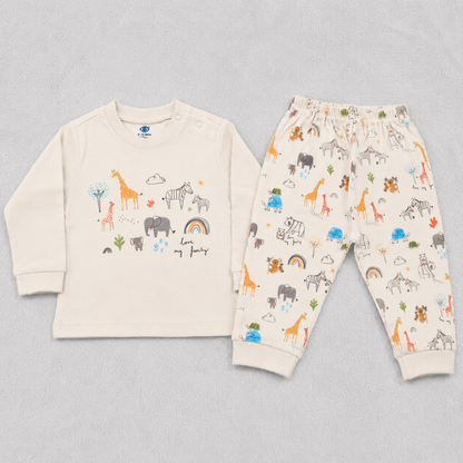 Baby Boys Animal Print Full Sleeve T-Shirt & Jogger Set – Cute Casual Wear Cream