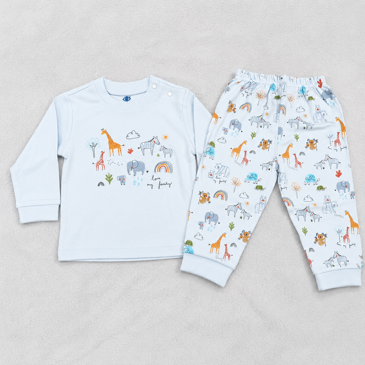 Baby Boys Animal Print Full Sleeve T-Shirt & Jogger Set – Cute Casual Wear Sky Blue