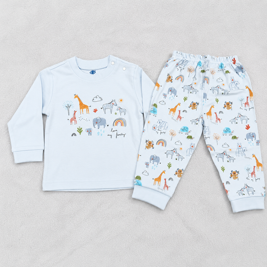 Baby Boys Animal Print Full Sleeve T-Shirt & Jogger Set – Cute Casual Wear Sky Blue