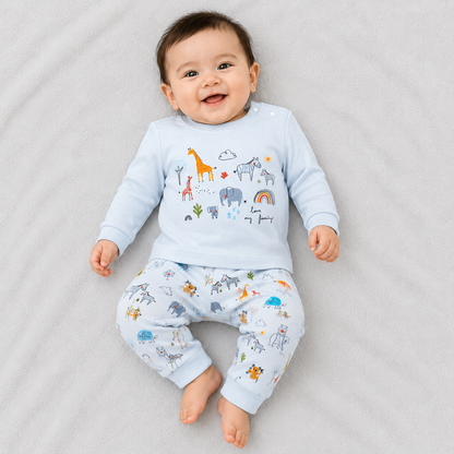 Baby Boys Animal Print Full Sleeve T-Shirt & Jogger Set – Cute Casual Wear Sky Blue