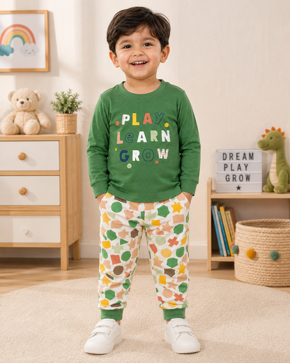 Boys Green Full Sleeve T-Shirt and Printed Jogger Set – Casual Kids Wear