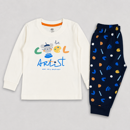 Boys White Full Sleeve T-Shirt and Printed Jogger Set – Casual Kids Wear
