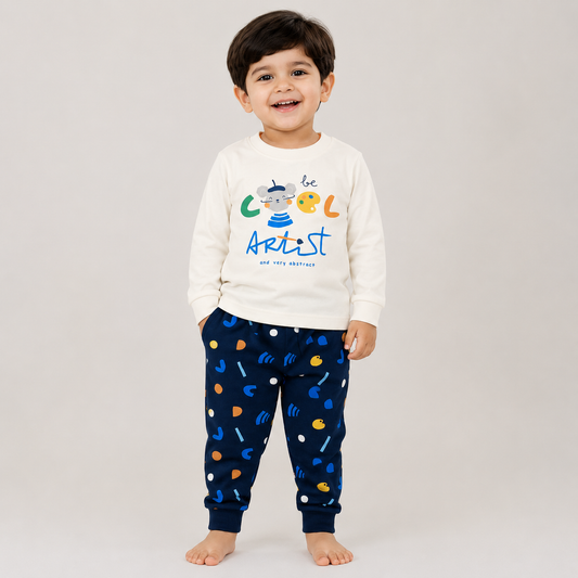 Boys white full sleeve t-shirt with navy blue printed jogger set, Zero kids wear
