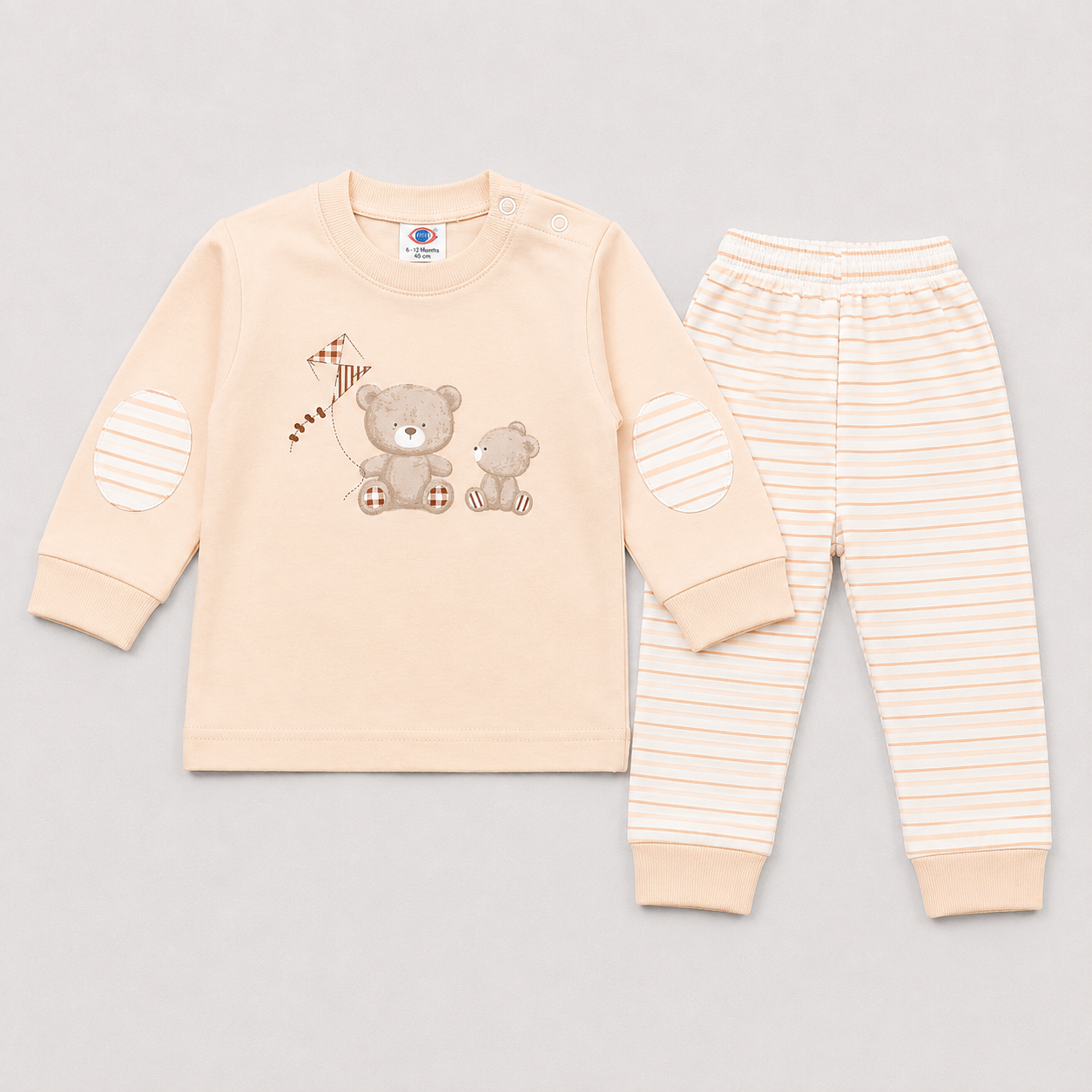 Baby Boys Cream Teddy Bear T-Shirt & Striped Pants Set – Comfortable Kids Wear